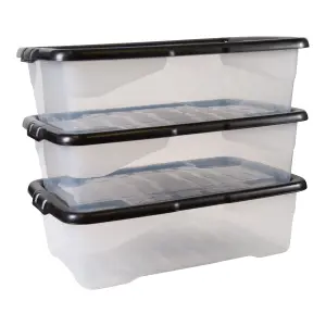 Strata Curve Clear & Black 30L Small Stackable Storage box with Lid, Pack of 3