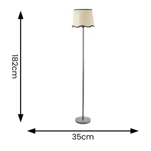 ValueLights Heather Grey Wood Stem Floor Lamp with Scallop Black Trim Tapered Shade and LED Bulb