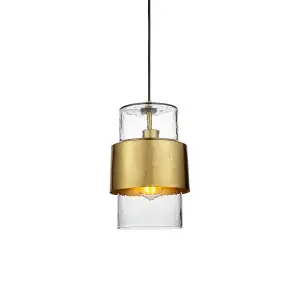 Luminosa Palermo Slim Pendant Ceiling Light Hammered Brass Plate, Textured Clear Glass