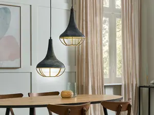 2 Light Mango Wood Pendant Lamp Black and Brass BAGMATI