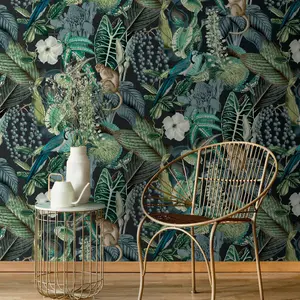 Grandeco Amazon Botanical Wildlife Jungle Textured Wallpaper, Green Blue Teal