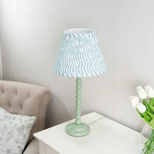 ValueLights Bobbles Sage Green Bobbin Table Lamp with Green Arrow Pleated Shade