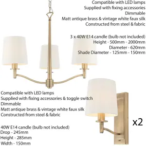 3 Bulb Ceiling Pendant Lamp & 2x Matching Wall Light Matt Antique Brass & Shade