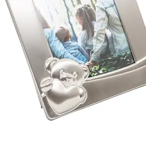 Bushed Pewter Baby Picture Frame with Teddy Bear and Bow with Diamante Crystal