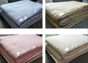 Just So Home Traditional 100% Pure Wool Solid Weave Blanket with Satin Ribbon Trim (Pink, Single)