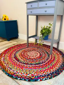 SUNDAR Round Multicolour Rug Ethical Source with Recycled Fabric 90 cm Diameter