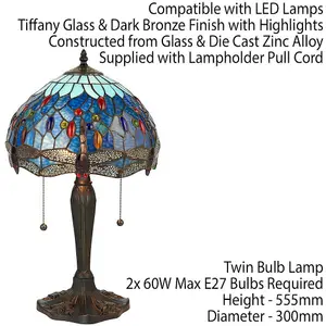 Tiffany Glass Table Lamp Light Dark Bronze Base & Blue Dragonfly Shade i00193