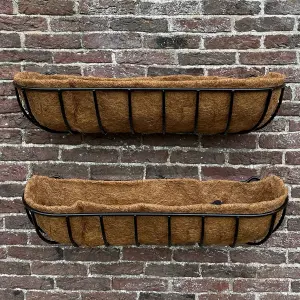 Set of 2 Manor Garden Black Metal Wall Basket Manger Trough Planters (90cm)