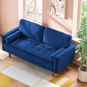 148CM Velvet Love Seat Blue Couch with 2 Pillows