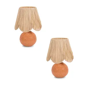 ValueLights Sebby Pair of - Peach Ceramic Table Lamp with Natural Raffia Shade - LED Bulbs Included