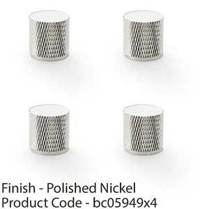 4 PACK - Knurled Cylinder Cupboard Door Knob - 20mm x 20mm - Polished Nickel Pull Handle