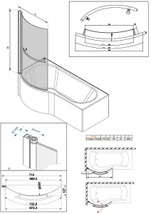 Rinse 1400x715mm 6mm Curved Toughened Safety Glass Pivot Bath Screen Panel for P-Shaped Bath Black with Towel Rail