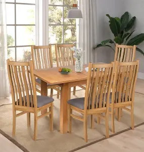 Hallowood Furniture Camberley Oak Butterfly Extending Dining Table with 6 Premium Oak Chairs with Steel Grey Seat Pad