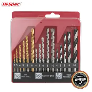 Hi-Spec 16pc Compact Multi Steel Drill Bit With Box Case Set. HSS Titanium Coated, Brad Points & Masonry Mixed Drill Bits