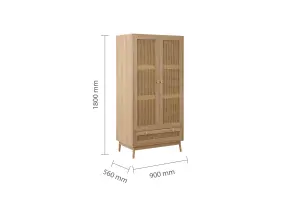 Brown Oak 2 Door Wardrobe Rattan 1 Drawer Mid Century Modern