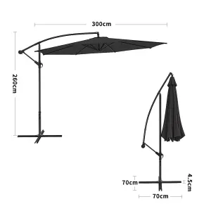 3M Large Rotatable Garden Sun Shade Cantilever Parasol Patio Hanging Banana Umbrella Crank Tilt with Cross Base, Black