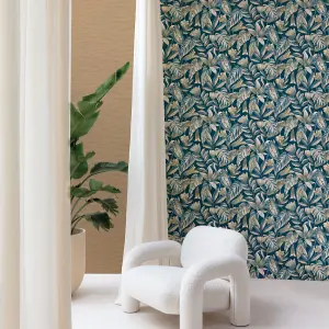 Grandeco Boutique Merida Botanical Leaves Texture Embossed Wallpaper, Blue