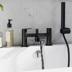 GoodHome Kariya Matt Black Deck-mounted Bath mixer tap with shower kit