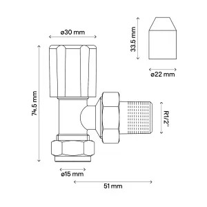 Flomasta Gloss chrome effect Angled Manual Radiator valve, (Dia)15mm, Pack of 1