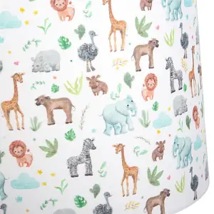 Safari Themed White Cotton Lamp Shade with Hand Drawn Pastel Coloured Animals