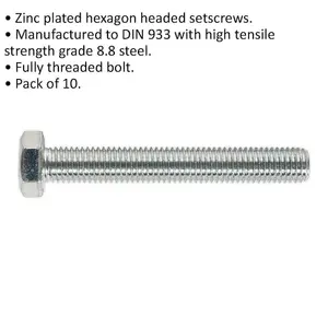 High Strength M14 x 100mm Setscrew Pack of 10 - Grade 8.8 Zinc Plated DIN 933