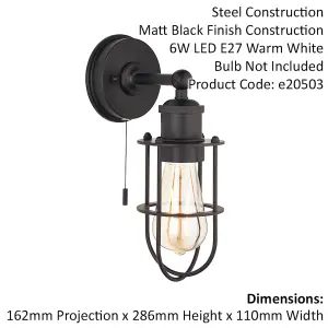 Matt Black Industrial Caged Bathroom Wall Light - IP44 Rated - Knurled Detailing