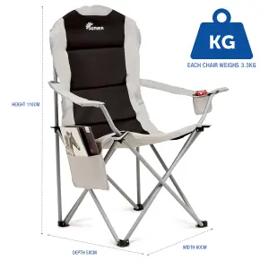 SUNMER Set of 2 Padded Camping Chairs with Cup Holder and Side Pockets - Black & Grey