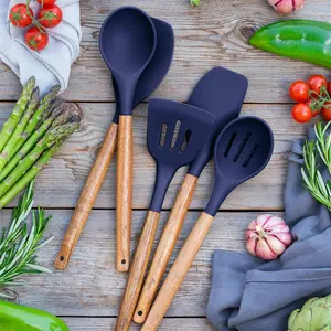 Non-Stick Cooking Utensils, Silicone Kitchen Utensils Set With Natural Acacia Hard Wood Handle, 5 Piece, Black, BPA Free, Baking & Serving Wooden Cooking Spoon Midnight Blue