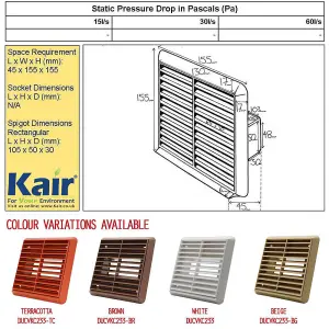 Kair White Louvred Wall Vent Grille 155mm External Dimension with 110mm x 54mm Rectangular Rear Spigot