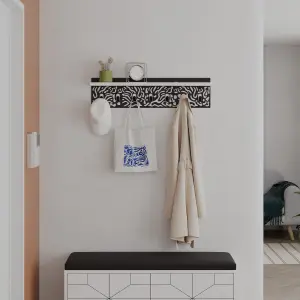 Decortie Novo Wall-Mounted Coat Rack White Metal 7 Hooks and Open Shelf Storage Space, Hallway, Bedroom (Black Metal)