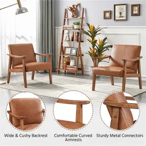 Yaheetech Light Brown Modern Faux Leather Armchair with Solid Wood Legs