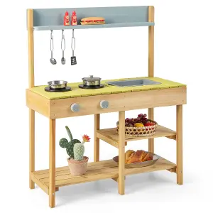 Costway Outdoor Mud Kitchen Set Wooden Play Kitchen w/ Detachable Sink