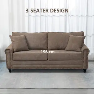 HOMCOM Fabric Sofa 3 Seater Sofa for Living Room w/ Throw Pillow Brown