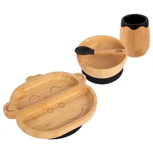 Tiny Dining - Monkey Bamboo Suction Baby Feeding Set - Black - 4pc