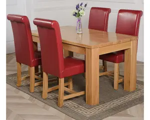 Dakota 152 x 87 cm Chunky Medium Oak Dining Table and 4 Chairs Dining Set with Washington Burgundy Leather Chairs