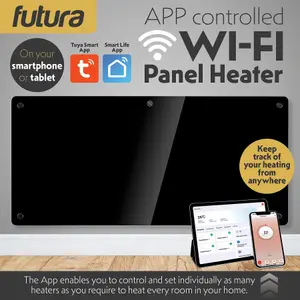 Futura Electric 2000W WIFI Glass Radiator Panel Heater Black Wall Mounted or Floor Standing Bathroom Safe, Timer and Thermostat