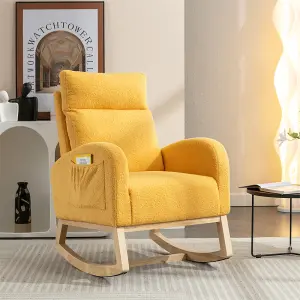 Mid Century Modern Teddy Fabric Upholstered Rocking Chair Padded Seat For Living Room Bedroom, Yellow