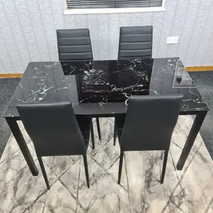 Black Marble Effect Dining Table and 4 Black PU Faux Leather Metal Chairs Dining Table Set