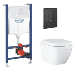 Grohe Euro Start Alpine White Wall hung Oval Toilet with Soft close seat & Concealed cistern & matt black plate