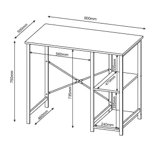 Study Desk with Side Storage, oak effect top with black metal legs