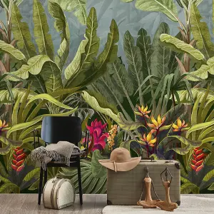 Grandeco Parrot Jungle Green Bold Leaf 3 Lane Repeatable Wallpaper Mural 159 x 280cm