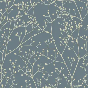 Clarissa Hulse Gypsophila Airforce Blue & Gold effect Smooth Wallpaper