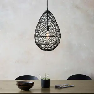 Luminosa Ancona Single Pendant Ceiling Lamp, Black Rattan, Matt Black