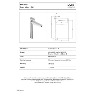 RAK Ischia Tall Polished Chrome Modern Basin Tap Solid Brass