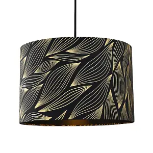 Designer Black Lamp Shade with Gold Foil Leaves with Inner Satin Fabric Lining