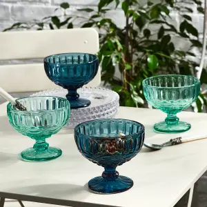 Set of 4 Vintage Blue & Turquoise Blue Glass Trifle Bowl and Dessert Bowls