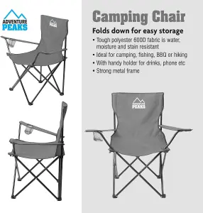 Set of 2 GREY Folding Camping Chair With Armrest, Drink Holder & Carry Bag