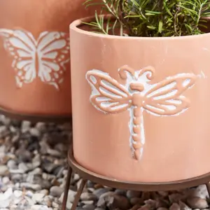 Set of 2 Embossed Butterfly Dragonfly Round Indoor Outdoor Garden Plant Pots Footed Terracotta Flower Planter