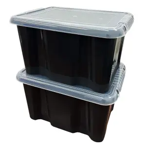 2x Stackable 24 Litre Black Plastic Storage Containers With See Through Transparent Lids For Home/Office