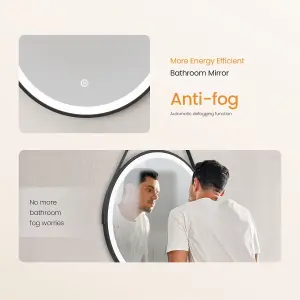 EMKE Round Bathroom LED Mirror Backlit Makeup Mirror with Touch, Leather, Dustproof, Anti-fog, Black 800mm